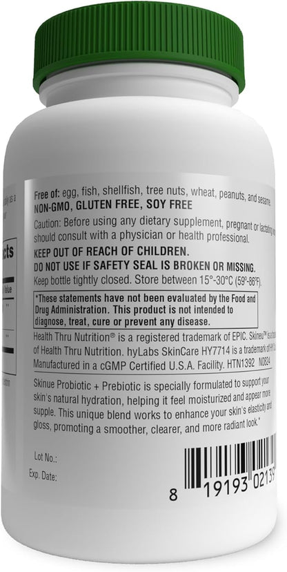 Health Thru Nutrition Skineu - Skin Probiotic + Prebiotic | Supports Skin Hydration & Elasticity | Clinically Studied Ingredients |3rd Party Tested, Non-GMO & Gluten-Free | 30 VegeCapsules