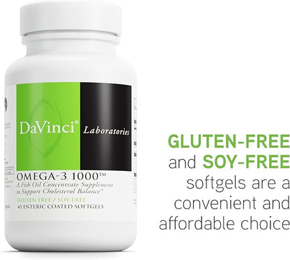 DAVINCI Labs Omega-3 1000 - Dietary Supplement to Maintain Already Normal Cholesterol Levels and Support Immune System, Healthy Hair and Skin* - Gluten-Free - 45 Enteric Coated Softgels