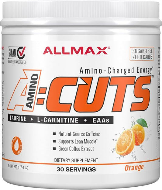 ALLMAX Nutrition AMINOCUTS (ACUTS), Amino-Charged Energy Drink with Taurine, L-Carnitine, Green Coffee Bean Extract, Orange, 30 Servings