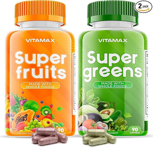 Super Fruit and Vegetable Supplements – Whole Superfood Vitamins & Minerals – 90 Veggie and 90 Fruit Capsules for Women, Men, and Kids - Soy Free – Made in The USA