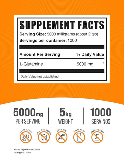 BulkSupplements.com L-Glutamine Powder - Glutamine Supplement, for Recovery & Gut Health - Unflavored & Gluten Free, 5g (5000mg) per Serving, 1kg (Pack of 5) (11 lbs)
