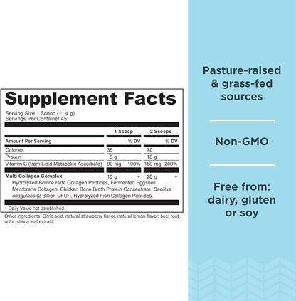Ancient Nutrition Hydrolyzed Collagen Peptides Powder with Probiotics, Strawberry Lemonade Multi Collagen Protein for Women and Men with Vitamin C, 45 Servings, Supports Skin and Nails, Gut Health, 18