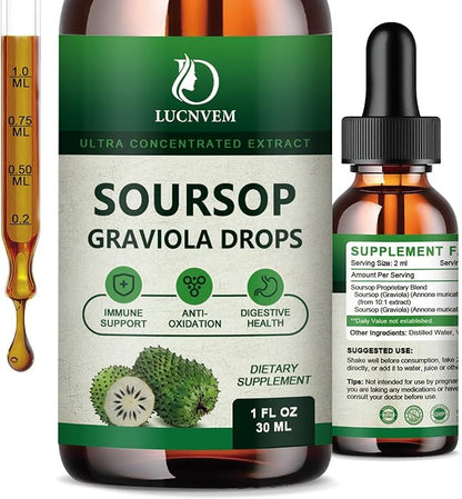 Soursop Graviola Liquid Drops 2000mg, Soursop Extract Organic Pure for Natural Antioxidant, Cell Support & Regeneration, Immune Boost, Soursop Bitters Liquid - Soursop Flavor- 1 FL OZ