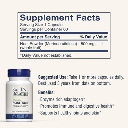 Earth's Bounty Hawaiian Noni Fruit Capsules - 60 Veggie Caps - Healthy Immune System & Joint Health Support - 100% Natural & Pure Noni - Vegetarian