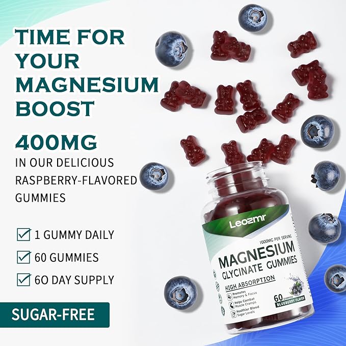 Magnesium Glycinate Gummies 1000mg - Sugar Free Magnesium Potassium Supplement with Vitamin D, B6, CoQ10 for Calm Mood & Sleep Support - 60 Blueberry Gummies
