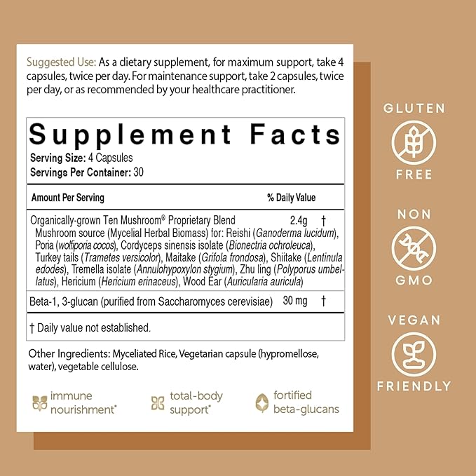EcoNugenics Ten Mushroom Supplement: Daily Immune Support, 120 Capsules – Lion’s Mane, Reishi, Cordyceps, Turkey Tail, Maitake, Shiitake – Energy, Gut Health, Liver, Kidney & Nootropic Brain Support