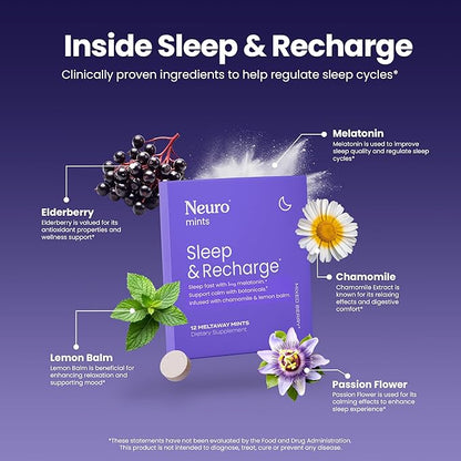 Neuro Melatonin 1 mg Sleep & Recharge Mints (72 Pieces) - Fast Dissolve Melatonin Sugar Free Mints with Lemon Balm & Chamomile for Better Sleep - Calm Sleep Supplement - Mixed Berry Flavor
