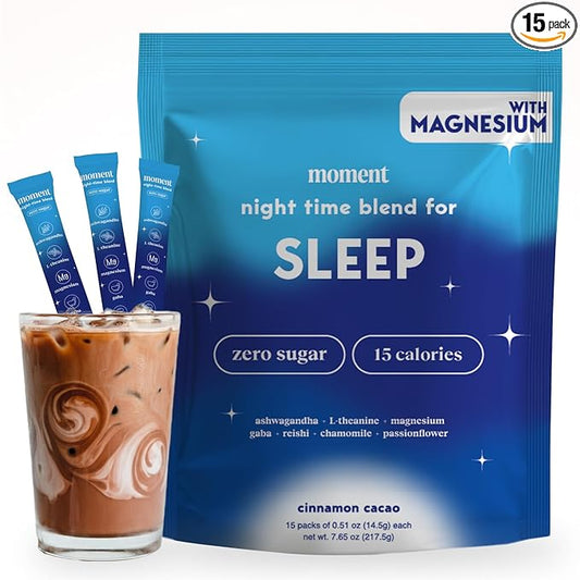 Moment Sleep Powder (Shark Tank) | Hot Chocolate | Melatonin Alternative | 0 Sugar | Low Calorie | Mushroom Drink | Adaptogens, Reishi, GABA, Magnesium, Chamomile | Keto | Dairy Free | 15 Servings