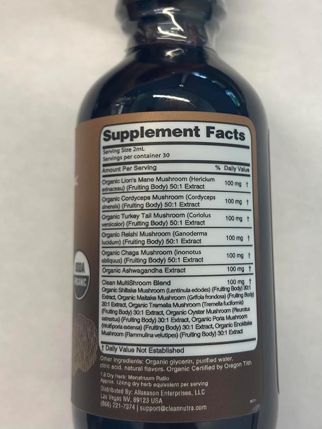 Organic Mushroom Supplement Liquid Drops with Lions Mane Turkey Tail Cordyceps Reishi Chaga Shitake Maitake Tremella Oyster Mushrooms Poria and Enokitake Mushrooms Complex Blend by Clean Nutra