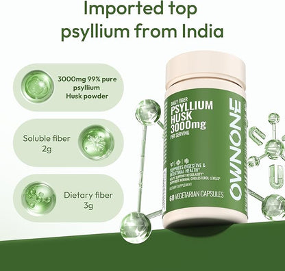 Psyllium Husk Capsules, Natural Fiber Supplement for Women & Men, 3000mg Psyllium Husk Powder per Serving, Vegan Colon Cleanser, Fiber Capsules for Overall Digestive Health, Easing Constipation