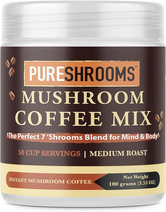 Perfect 7 Mushroom Coffee - Ultra Concentrated Mushroom Extracts with Low Acidity Arabica Coffee -Turkey Tail, Lion's Mane, Cordyceps, Reishi, Shiitake, Maitake, Chaga (100 Grams/3.53oz)