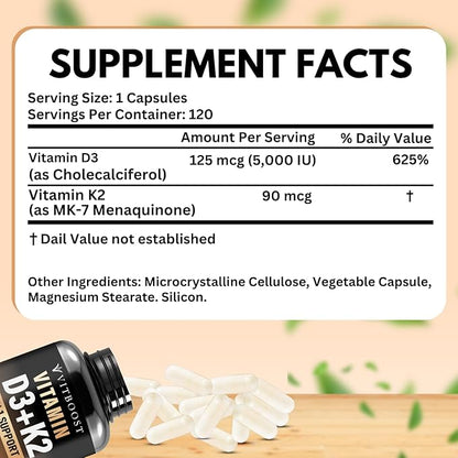 Vitamin D3 K2 Complex - Easy to Swallow - Vitamin D (D3) 5000 IU (125 mcg) & K2(MK-7) 90 mcg | Non-GMO | Gluten-Free | USA Made | 120 Capsules