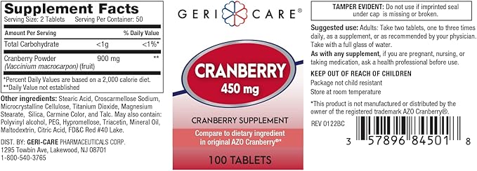 High-Potency Cranberry Supplement - 450mg Pure Cranberry Tablets for Urinary Tract Health Natural UTI Prevention for Men & Women- GMO, Gluten & Dairy Free Cranberry Concentrate 100 Count (2pk)