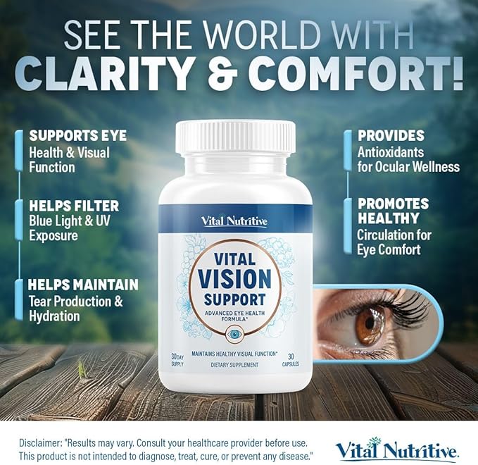 Vital Vision Support – Eye Health Supplement with Vitamin A, Lutein, Beta Carotene & Antioxidants – Eye Vitamins Support Hydration & Protection Against UV & Oxidative Stress -30 Days Serving