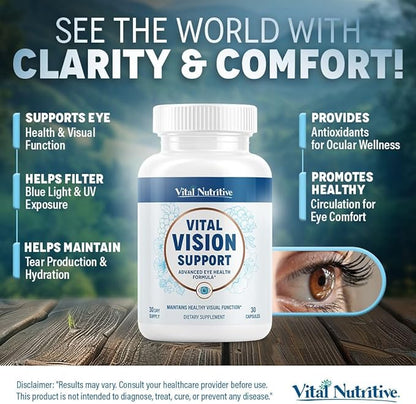 Vital Vision Support – Eye Health Supplement with Vitamin A, Lutein, Beta Carotene & Antioxidants – Eye Vitamins Support Hydration & Protection Against UV & Oxidative Stress -30 Days Serving