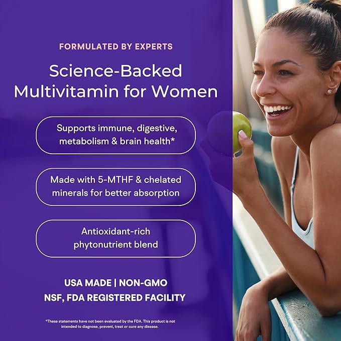 Multivitamin for Women (120 Vegetarian Capsules) Whole Food Vitamin with Essential Nutrients, Natural Calcium, Magnesium, Selenium, Zinc, Biotin, Vitamin A, B6, C, D3, E, K and More