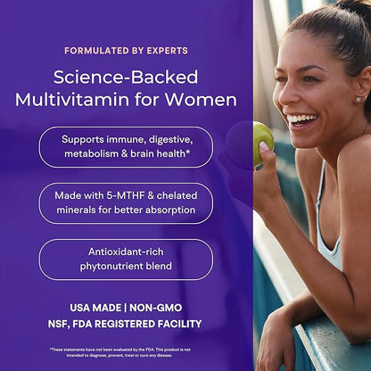 Multivitamin for Women (120 Vegetarian Capsules) Whole Food Vitamin with Essential Nutrients, Natural Calcium, Magnesium, Selenium, Zinc, Biotin, Vitamin A, B6, C, D3, E, K and More