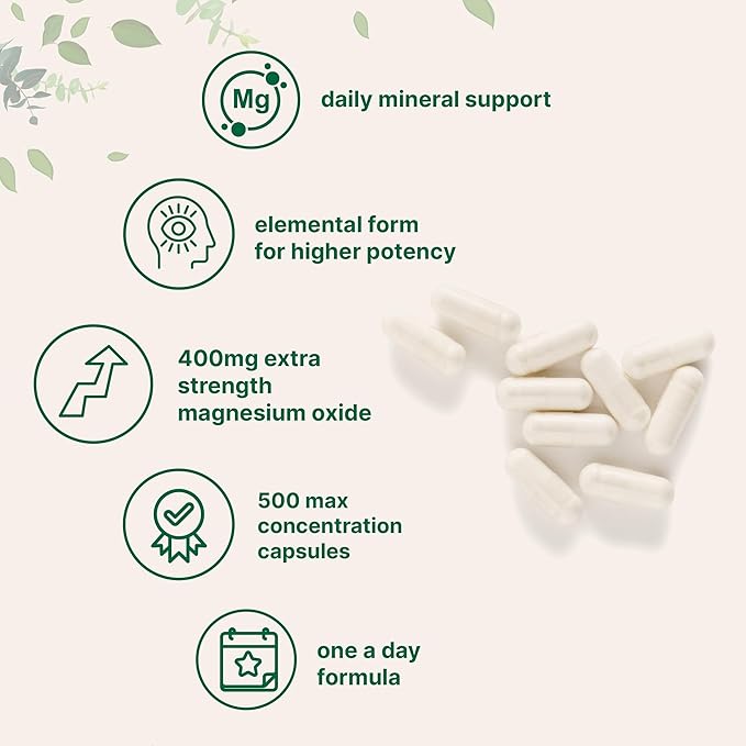 Magnesium Oxide 400mg, 500 Capsules | Elemental Form for Max Concentration | Mineral Supplement for Muscle Health + Calm & Relaxation Support | Non-GMO