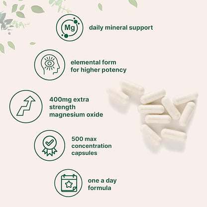 Magnesium Oxide 400mg, 500 Capsules | Elemental Form for Max Concentration | Mineral Supplement for Muscle Health + Calm & Relaxation Support | Non-GMO