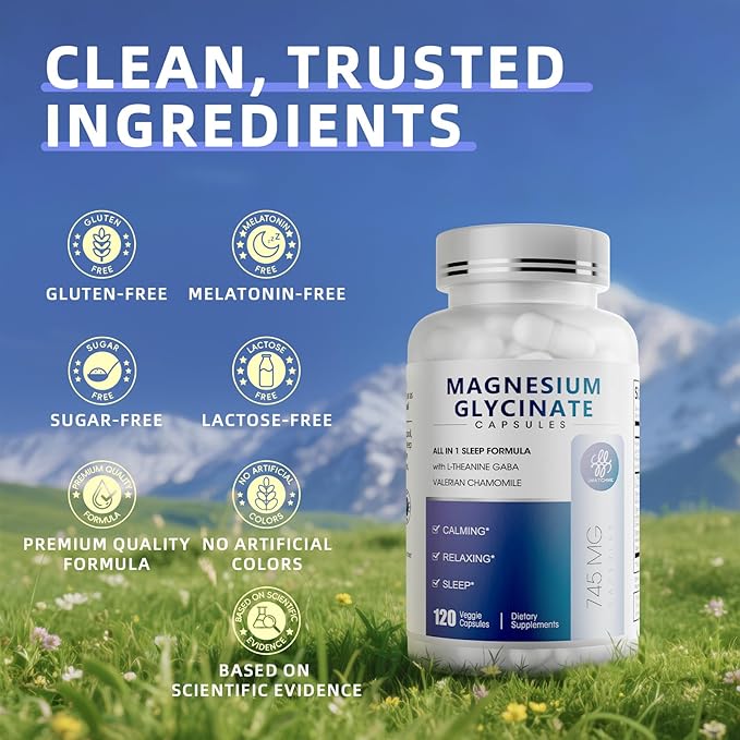 Magnesium Glycinate Supplement with L-Theanine, Chamomile & GABA – Supports Sleep, Calmness, Muscle Relaxation for Men & Women – Vegan, High-Absorption, 120 Capsules