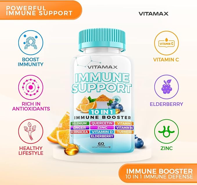10-in-1 Immune System Support Booster with Elderberry, D3, Selenium, Quercetin, Zinc, Vitamin C, Ginger, Turmeric Curcumin, B6, Echinacea – Natural Immune Defense – Made in USA (60 Count (Pack of 1))