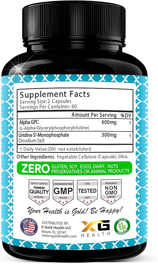 Alpha GPC Choline 600mg + Uridine Monophosphate 300mg-2-in-1 Nootropic Supplement Helps Boost Focus, Energy & Cognitive Performance -Potent Mood Enhancer & Brain Focus Supplements -120 Veggie Capsules