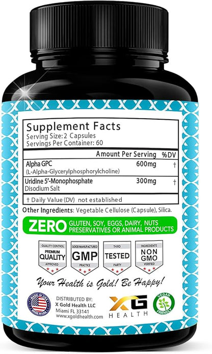 Alpha GPC Choline 600mg + Uridine Monophosphate 300mg-2-in-1 Nootropic Supplement Helps Boost Focus, Energy & Cognitive Performance -Potent Mood Enhancer & Brain Focus Supplements -120 Veggie Capsules