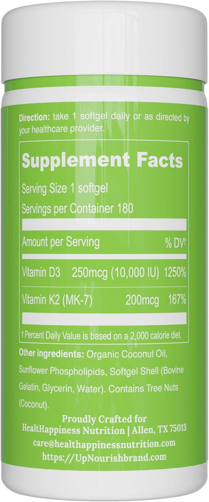 UpNourish Liposomal D3 K2 Vitamin 10000 IU D3 and K2 MK-7 200 mcg - 180 Vitamin D3 k2 (Vitamina D3 con K2) Mini Softgels - Easy to Swallow K2 D3 Vitamin