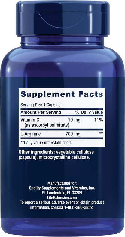 Life Extension L-Arginine Caps, 700 mg, Vitamin C & Amino Acid for Optimal arterial Health, Supports Heart & Immune Health, Healthy Tissue & Bones, Gluten Free, Non-GMO, 200 Capsules