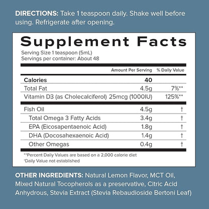 SFH Super Omega 3 Lemon Fish Oil Liquid + Vitamin D | Highly Concentrated 3400mg Omega 3s + 1000IU Vitamin D3 | Sustainably Sourced Alaskan Pollock | Spill-Proof Lids | 8oz