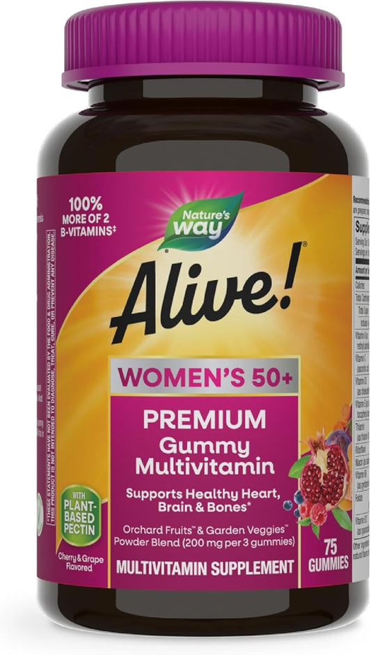 Nature’s Way Alive! Women’s 50+ Premium Gummy Multivitamin, Supports Healthy Heart, Brain & Bones*, B-Vitamins, Gluten-Free, Vegetarian, Grape and Cherry Flavored, 75 Gummies (Packaging May Vary)
