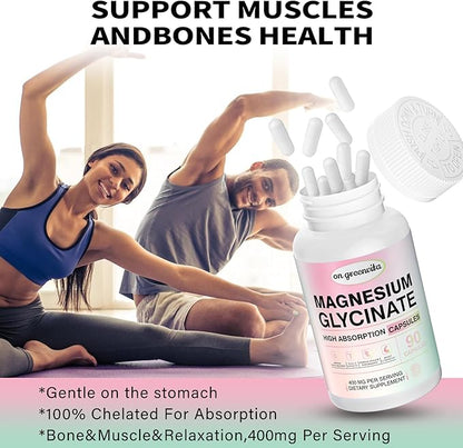 Magnesium Glycinate 400 MG per Serving 100% Chelated for High Absorption, Gentle On Stomach, Non-GMO, 90 Vegetarian Capsules