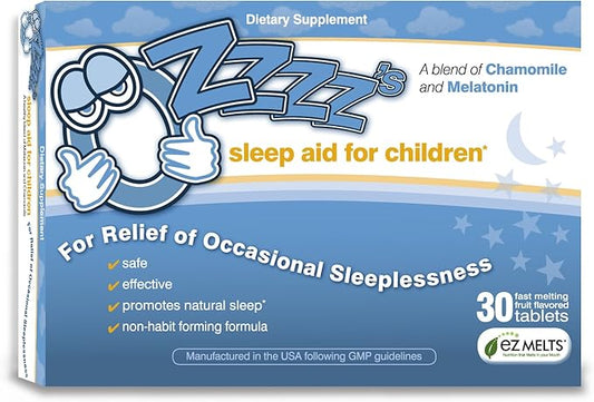 OZzzz’s Sleep Aid for Children, with Melatonin and Chamomile, Pediatrician Formulated, Zero Sugar, Vegan, Orange Dream Flavor, 30 EZ Melt Tablets