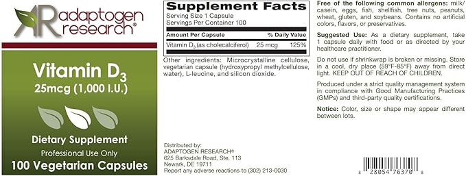 Vitamin D3 1,000 IU High Potency | Vitamin D 1000 (25 mcg) Supplement for Healthy Bones Muscles | Hypoallergenic Supplement for Enhanced Vitamin D Absorption | 100 Vegetarian Caps