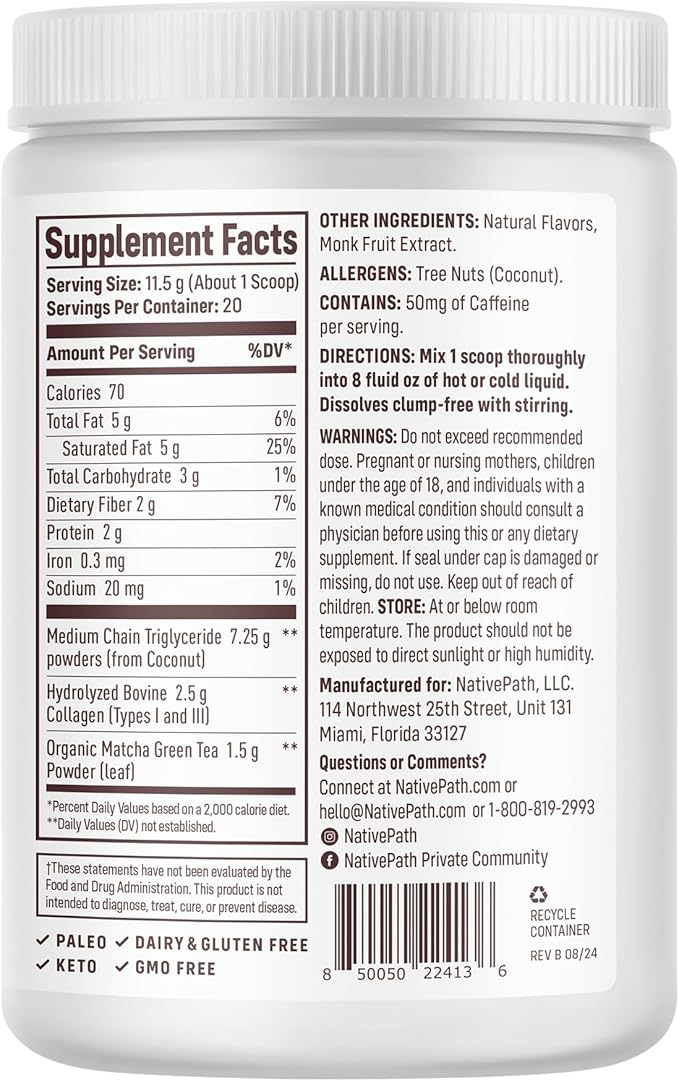 NativePath Collagen Peptides - Hydrolyzed Type 1 & 3 Collagen. Keto & Paleo Grass-Fed Protein Powder for Hair, Skin, Nails, Bones, Joints, Digestion and More - No Gluten or Dairy (Matcha Latte, 230g)