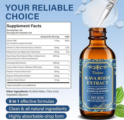 Potent Kava Kava Drink, Kava Drops with High Concentration of Kava Root, Ashwagandha, Lemon Balm, Valerian Root, Kava Extract for Immune Health, Vegan & Alcohol Free, 60ml