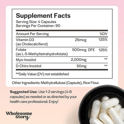 Myo-Inositol & D-Chiro Inositol Capsules with MTHF, Folate, Vitamin D | Support for Ovarian Function, Hormone Balance, & Homocysteine Levels | Fertility Supplements for Women | 360 Count 40:1 Ratio