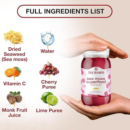 TrueSeaMoss Sea Moss Gel – Made in USA – Wildcrafted Seamoss, Fresh Fruits & Sea Vegetables – Cherry, Pack of 5 (Labels may Vary)