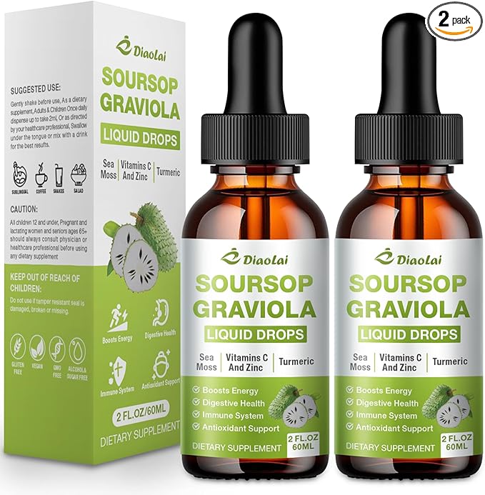 2 Pack Soursop Graviola Liquid Drops - 100% Pure Organic Graviola Extract (4 Fl Oz) - Immune Support, Antioxidant Rich, Natural Energy Boost - Vegan, Non-GMO, Alcohol-Free