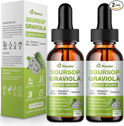 2 Pack Soursop Graviola Liquid Drops - 100% Pure Organic Graviola Extract (4 Fl Oz) - Immune Support, Antioxidant Rich, Natural Energy Boost - Vegan, Non-GMO, Alcohol-Free