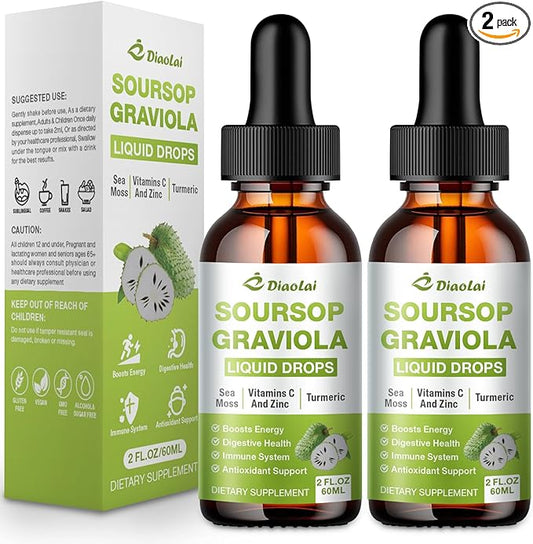 2 Pack Soursop Graviola Liquid Drops - 100% Pure Organic Graviola Extract (4 Fl Oz) - Immune Support, Antioxidant Rich, Natural Energy Boost - Vegan, Non-GMO, Alcohol-Free