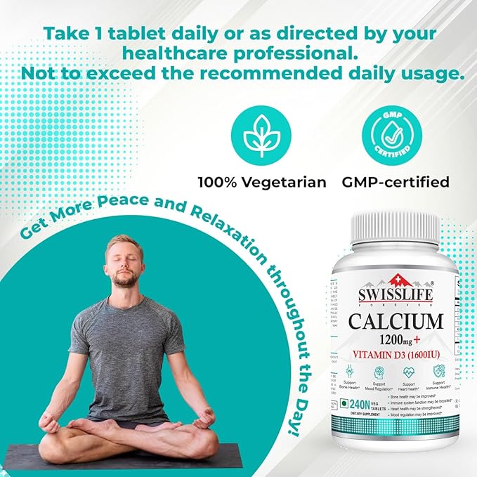 Calcium Carbonate 240 Tablets 1200mg | with Vitamin D3 1600IU| Dietary Tablets with Mineral and Vitamins Help in Bone Health, Muscle Health, Joints Health for Men & Women