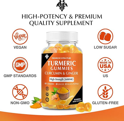 Turmeric Curcumin Gummies (1 Pack) - Turmeric Curcumin Supplements with Ginger & Black Pepper Gummies for Immune Muscle Support Healthy Skin - Vegan, Gluten Free, Low Sugar - for Adults