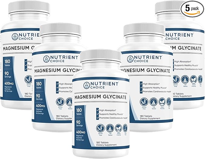 Magnesium Glycinate 400mg, 180 Tablets (Pack of 5) High Absorption, Non-GMO Magnesium for Muscle, Heart, Nerve & Bone Support | Promotes Cardiovascular Health, Made in USA (90 Servings per Bottle)