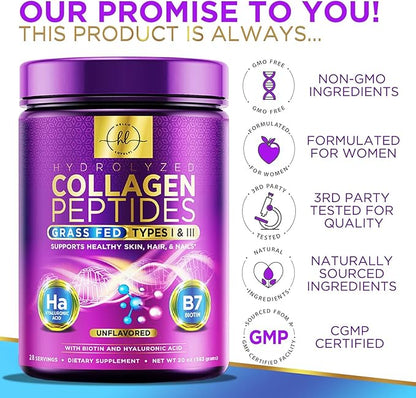 Collagen Peptides Powder - Unflavored Grass Fed Collagen Powder Type I & III Collagen Supplements with Hyaluronic Acid & Biotin - Women's Hair, Nail, Skin, Bones & Joint Health Support - 28 Servings