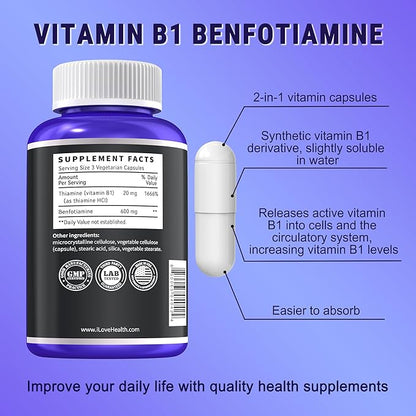 Benfotiamine 600mg Plus 20mg Vitamin B1 | 120 Veggie Capsules | Made in USA | 3rd Party Tested | Fat Soluble Essential Vitamin B1 Thiamine Supplement | Non-GMO | Gluten Free-Vegetarian Friendly