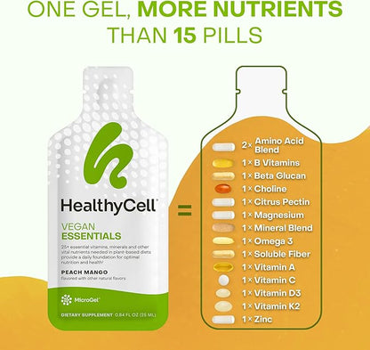 HealthyCell Vegan Essentials Daily Liquid Multivitamin Supplement with Iron and Choline – 25+ Essential Vitamins, Minerals & Nutrients for Brain & Heart Health, Immune Support & Energy - 30 Gel Packs