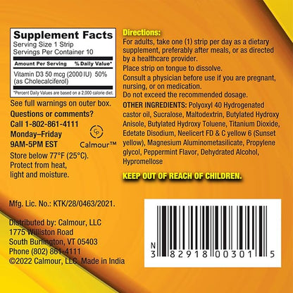 Vitamin D3 Strips 10 Pack| 2000 IU Oral Dissolvable D3 Vitamin Strips | Peppermint Flavor Melts on Your Tongue in 30 Seconds | Boost Immunity & Enhance Mental Focus with Vitamin D3 2000