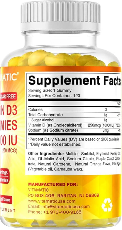Vitamatic Sugar Free Vitamin D3 10000 IU - 120 Pectin Based Gummies - Great Taste - Healthy Bones, Mood & Immune System Function - Non-GMO - 120 Servings