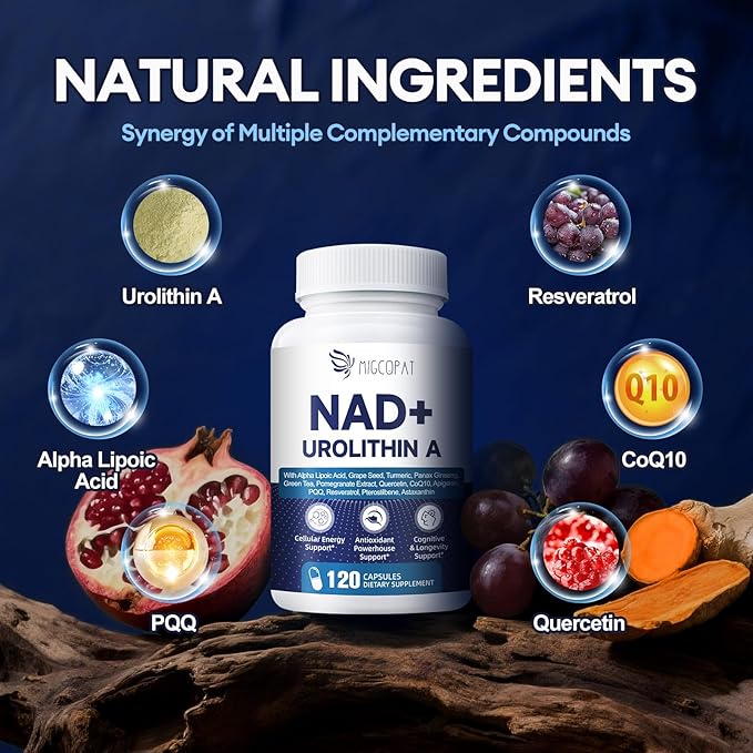 NAD Supplement for Women Men with Urolithin A, Resveratrol, PQQ, Alpha Lipoic Acid, Quercetin | NAD+ Supplement for Anti Aging, Energy, Antioxidant, Metabolism Support, 120 Capsules